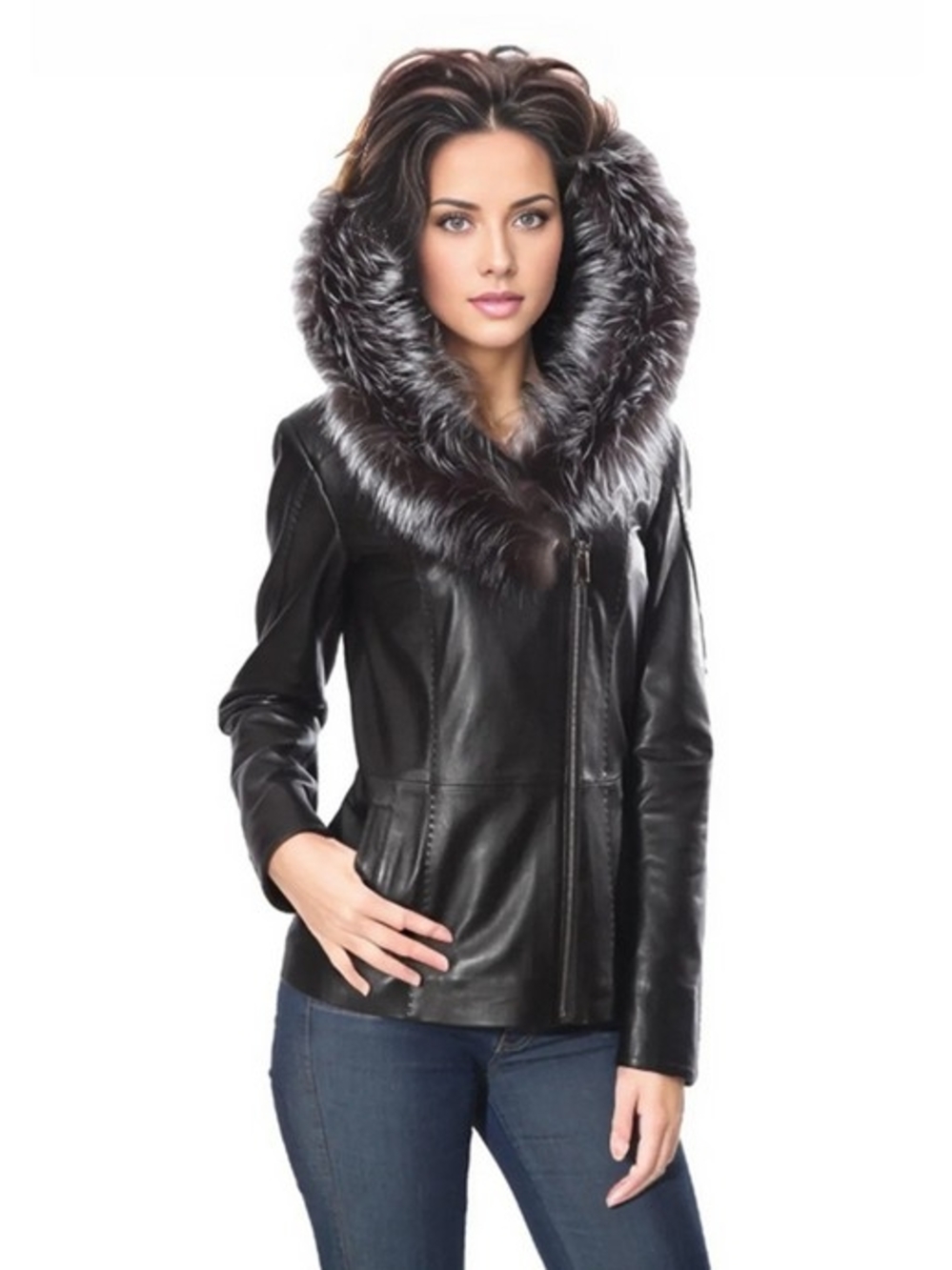 Black Leather Jacket with Real Gray Fox Fur Hood